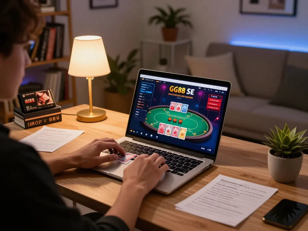 Engaged player interacting with GG88 SE online casino interface in cozy home setup.