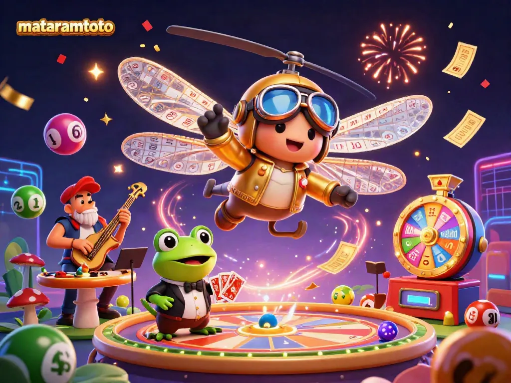 Experience gaming excitement at Mataramtoto with a lively casino scene featuring unique characters.