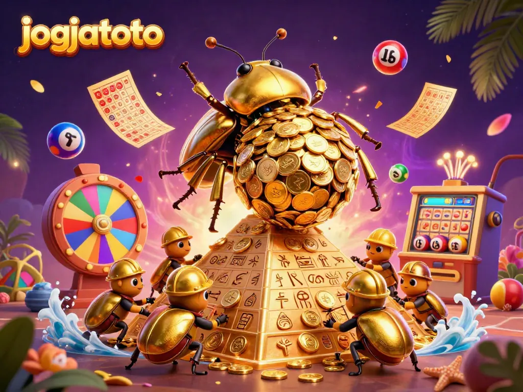 Experience the excitement of jogjatoto with a golden beetle scene featuring vibrant lottery elements.