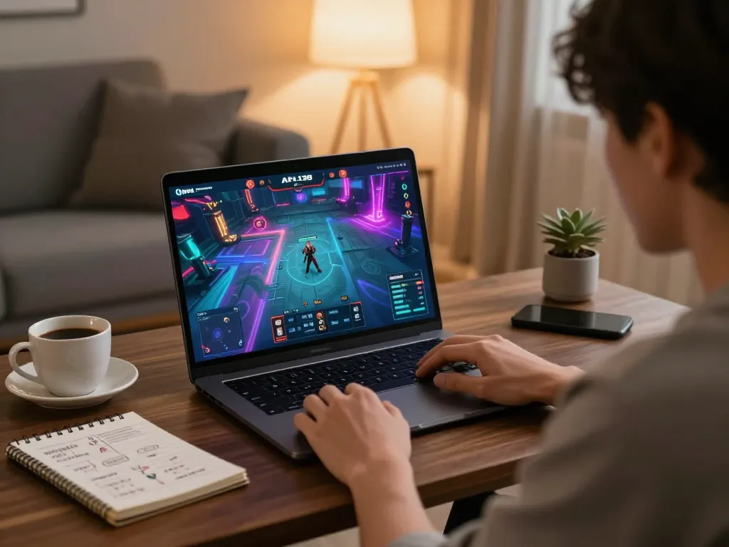 Experience thrilling gameplay with alfa 138 on a stylish laptop in an inviting home environment, surrounded by strategic notes.