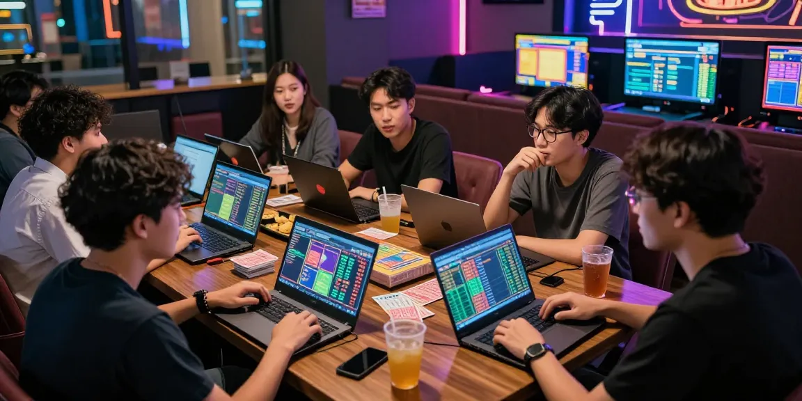 Exciting situs togel gaming scene with friends analyzing bets in a vibrant lounge.