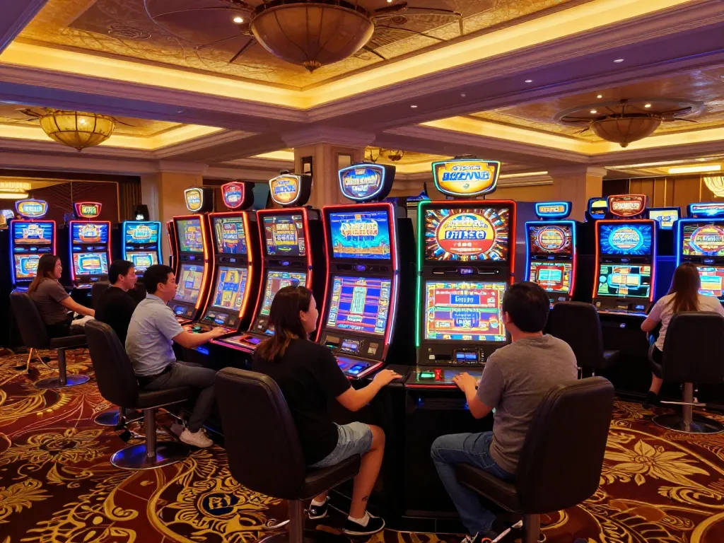 Rikvip players enjoying vibrant slot machines at a luxurious casino venue, showcasing excitement and engagement.