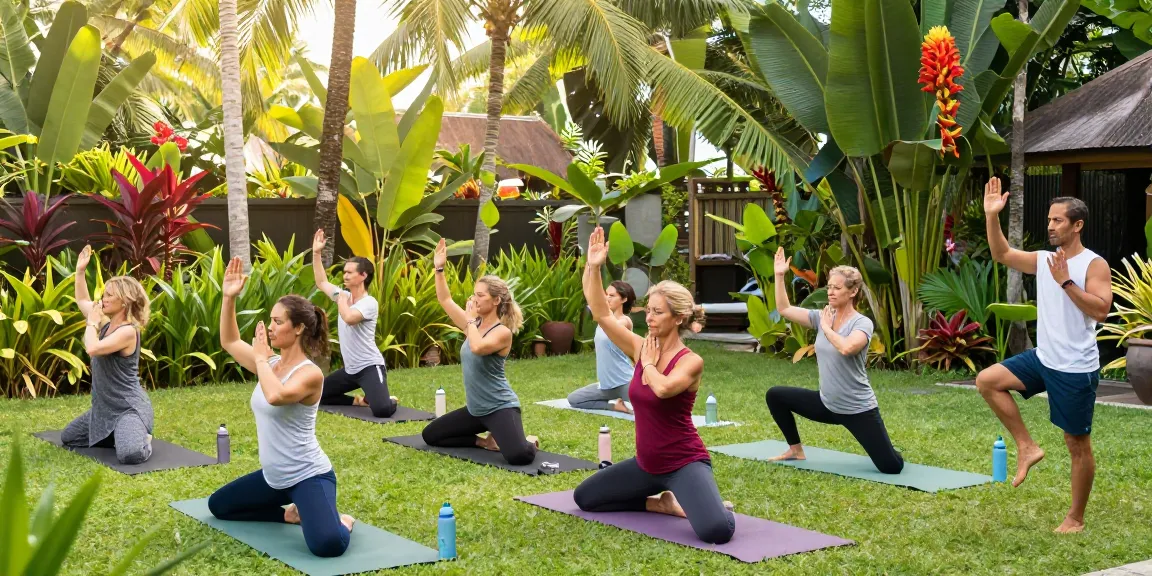 Group practicing Qi Gong Bali in a serene tropical garden, emphasizing wellness and mindfulness.