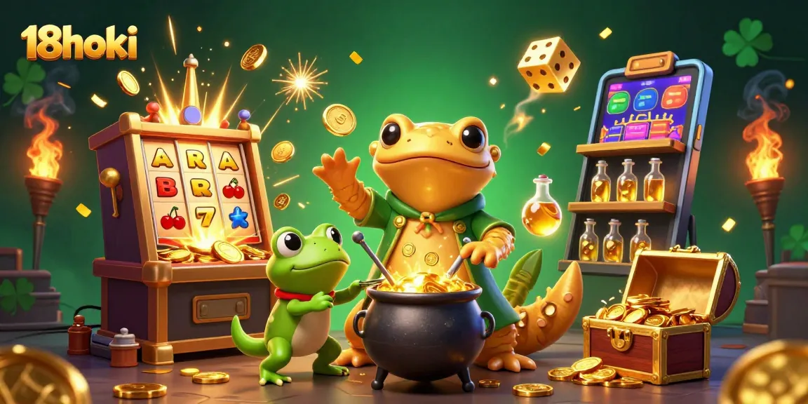 Spin to win at 18hoki's vibrant slots scene with golden themes and casino elements.