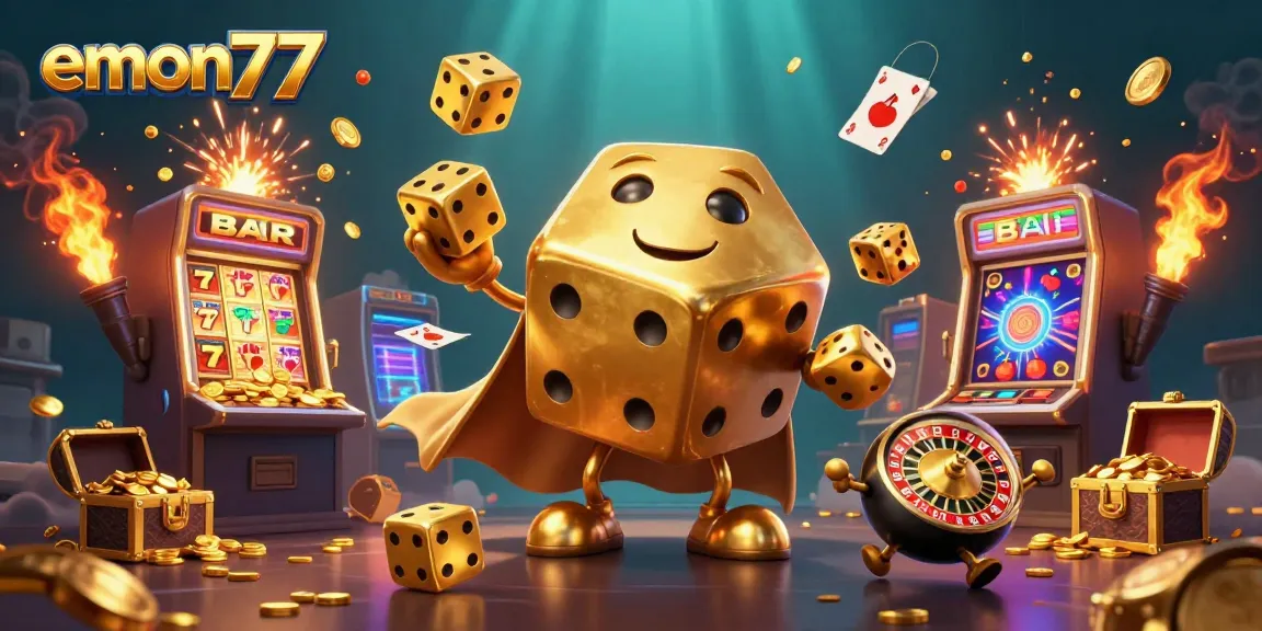 Experience the thrill of gaming with emon77 through vibrant 3D illustrations of golden dice and jackpots.