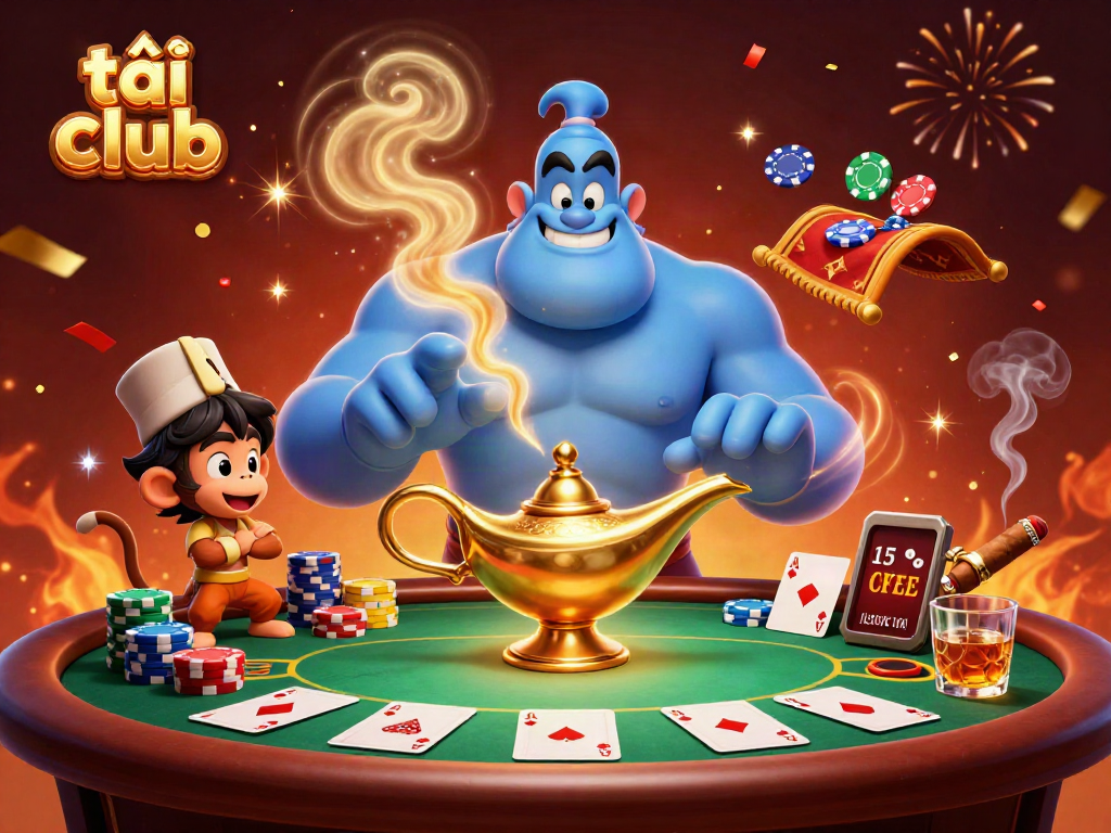 Experience the excitement of tải hit club with vibrant visuals of a genie, monkey, and poker elements.