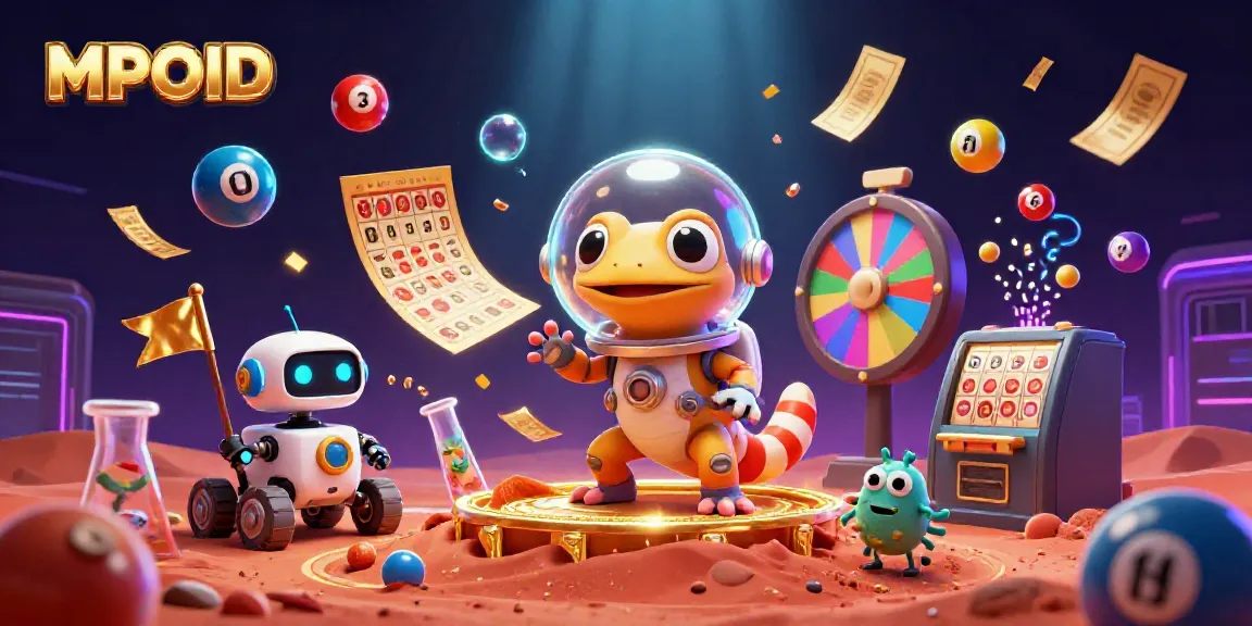 MPOID showcases a Martian gecko exploring a golden casino, vibrant lottery elements filling the scene.