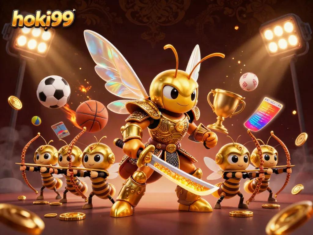Hoki99 menampilkan ilustrasi unik dengan hornet emas dalam armor samurai dan elemen perjudian.