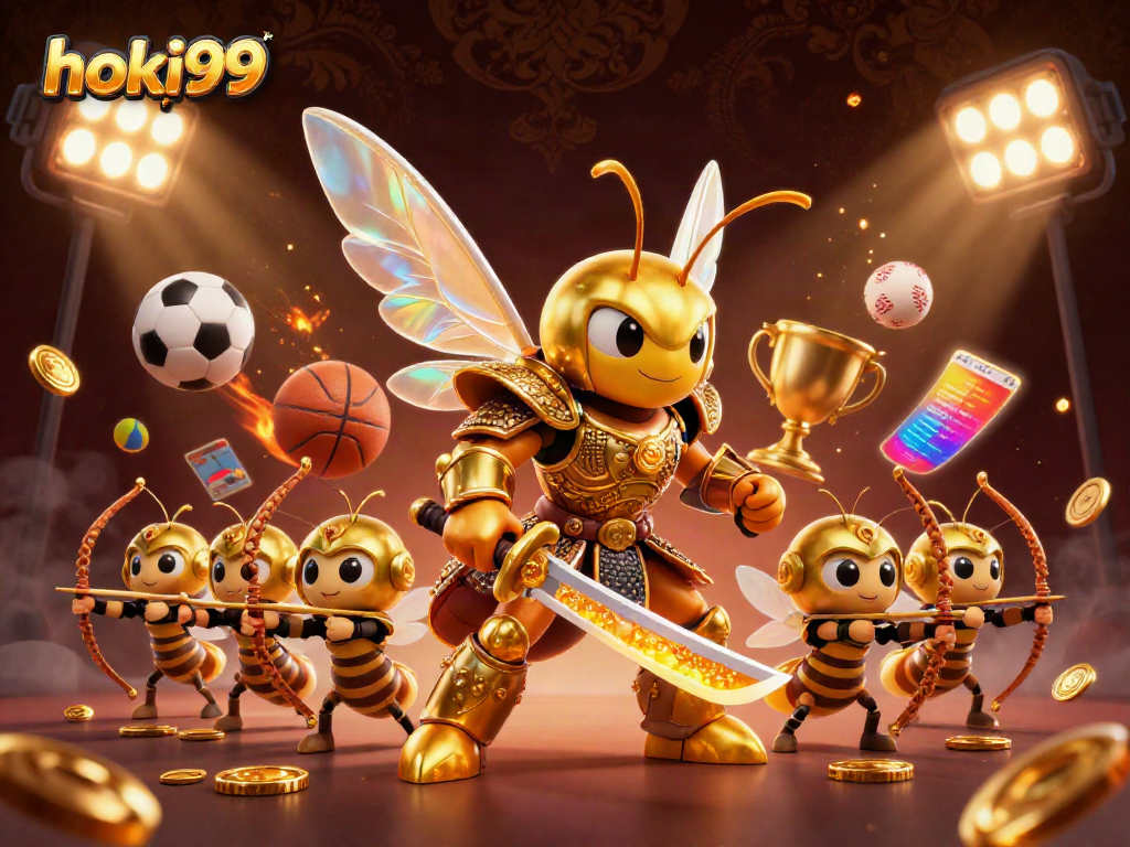 Hoki99 menampilkan ilustrasi unik dengan hornet emas dalam armor samurai dan elemen perjudian.