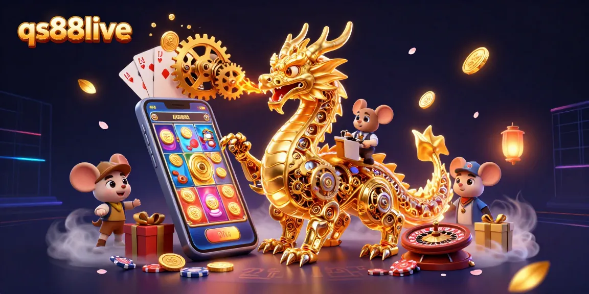 Experience thrilling gameplay at qs88live with a vibrant golden dragon and dynamic casino elements.