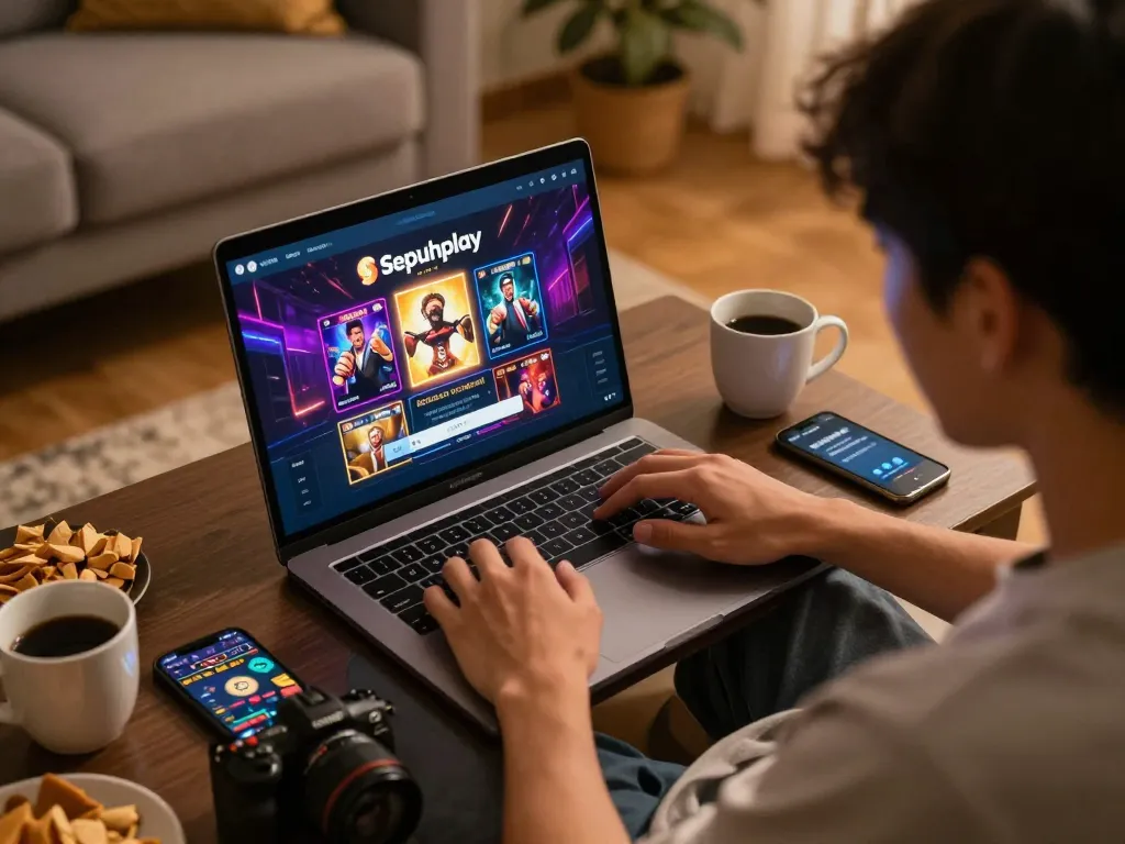 Pemain berinteraksi dengan layar login Sepuhplay saat bermain kasino online di suasana rumah yang nyaman