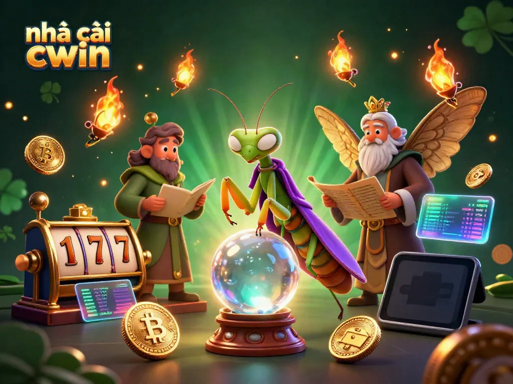 Engage with the vibrant realm of nhà cái cwin through this dynamic 3D casino illustration featuring a fortune teller and luminous elements.