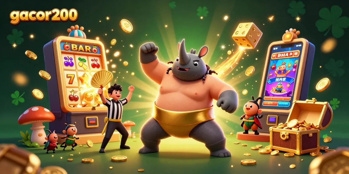 Gacor200 menampilkan juara sumo kumbang badak dalam aksi menendang koin emas, meriah dalam suasana kasino online.