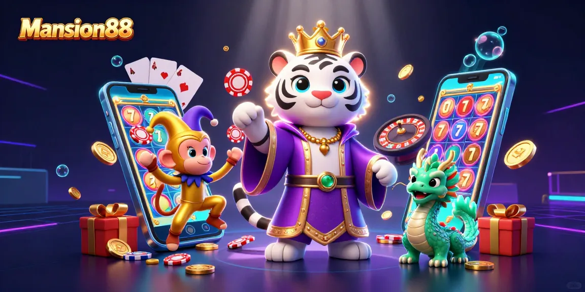 Mansion88 captivates players with an energetic scene featuring a white tiger and monkey surrounded by vibrant casino elements.