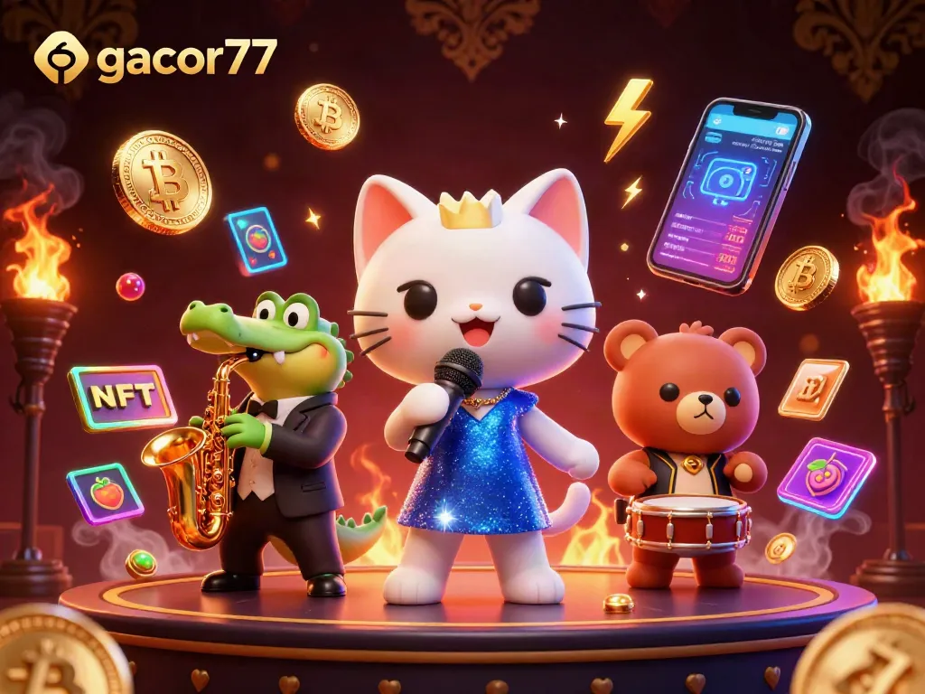 Gacor77 hadir dengan ilustrasi kasino yang kaya warna, menampilkan kucing penyanyi jazz dan teman-temannya.