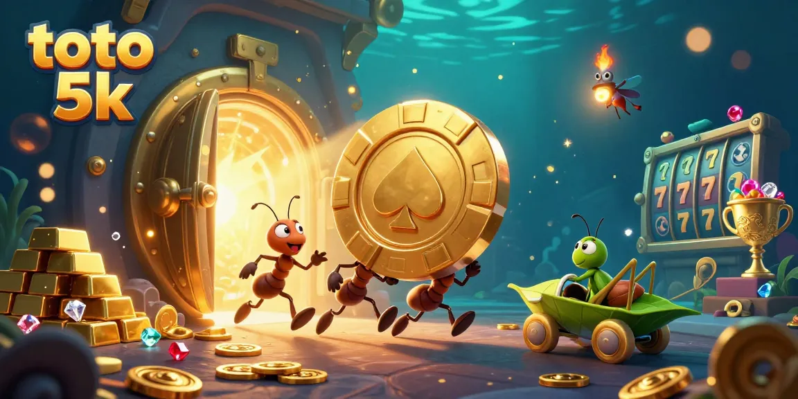 Engaging scene with ants carrying a giant poker chip in a casino-themed underwater landscape showcasing toto 5k.