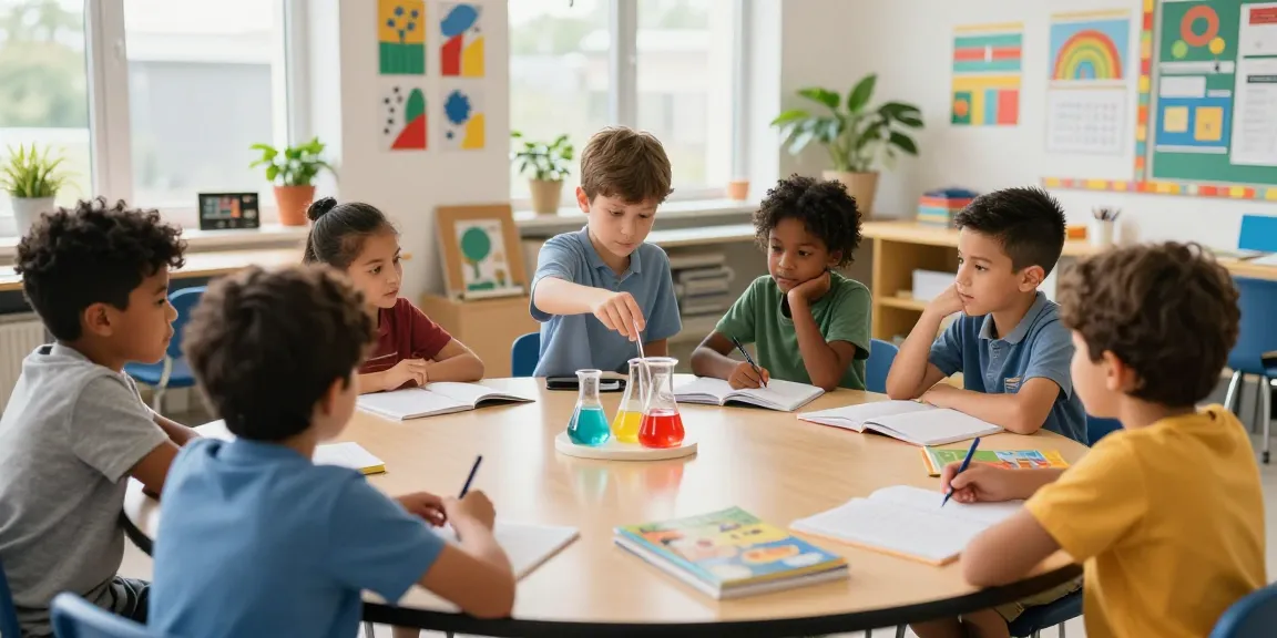 Children collaborating on a science project in a bright classroom, emphasizing link slot learning.