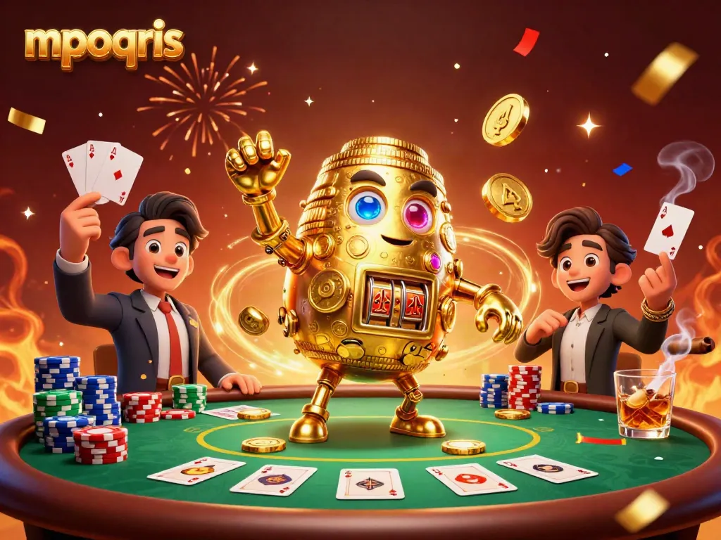Mainkan mpoqris dengan golem emas dan meja poker kaya aksi dalam ilustrasi 3D yang mendetail.
