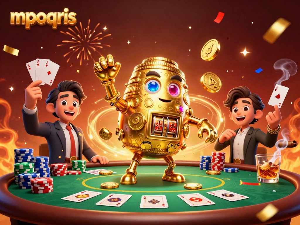 Mainkan mpoqris dengan golem emas dan meja poker kaya aksi dalam ilustrasi 3D yang mendetail.