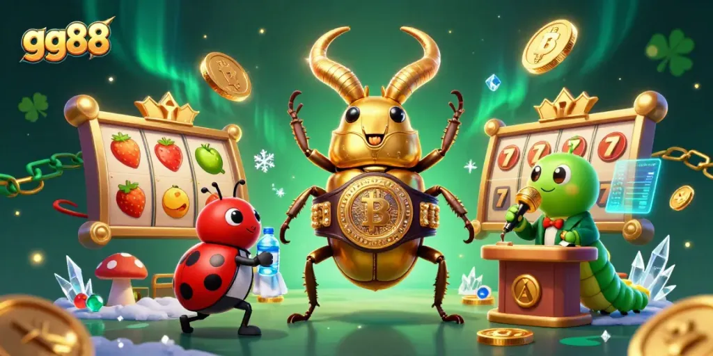 Spin to win with gg88 in this vibrant 3D casino illustration filled with slot reels and crypto elements.