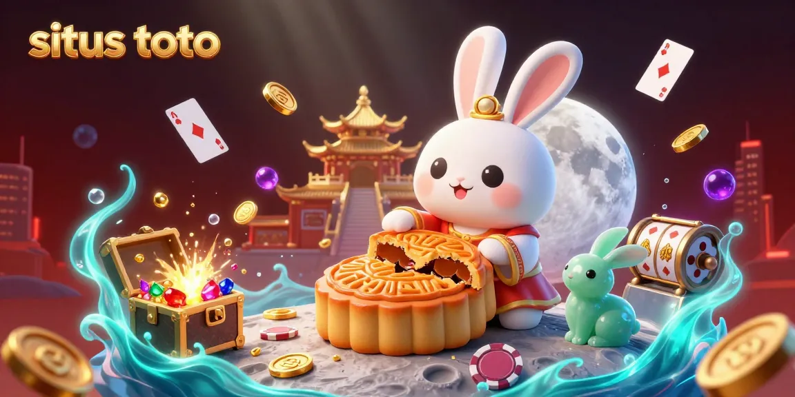 Menghadirkan situs toto, ilustrasi kasino dengan kelinci bulan 3D yang mengolah kue bulan dan chip poker yang memukau.