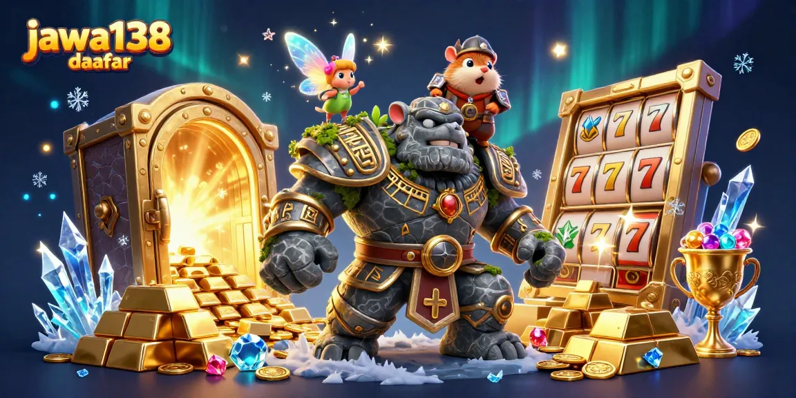Gambar ilustrasi 3D jawa138 daftar yang menampilkan golem penjaga dan karakter ajaib di dunia kasino.