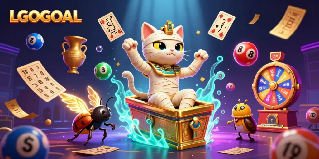 Experience thrilling gaming action with LGOGOAL, featuring a mummy cat in a vibrant casino scene.