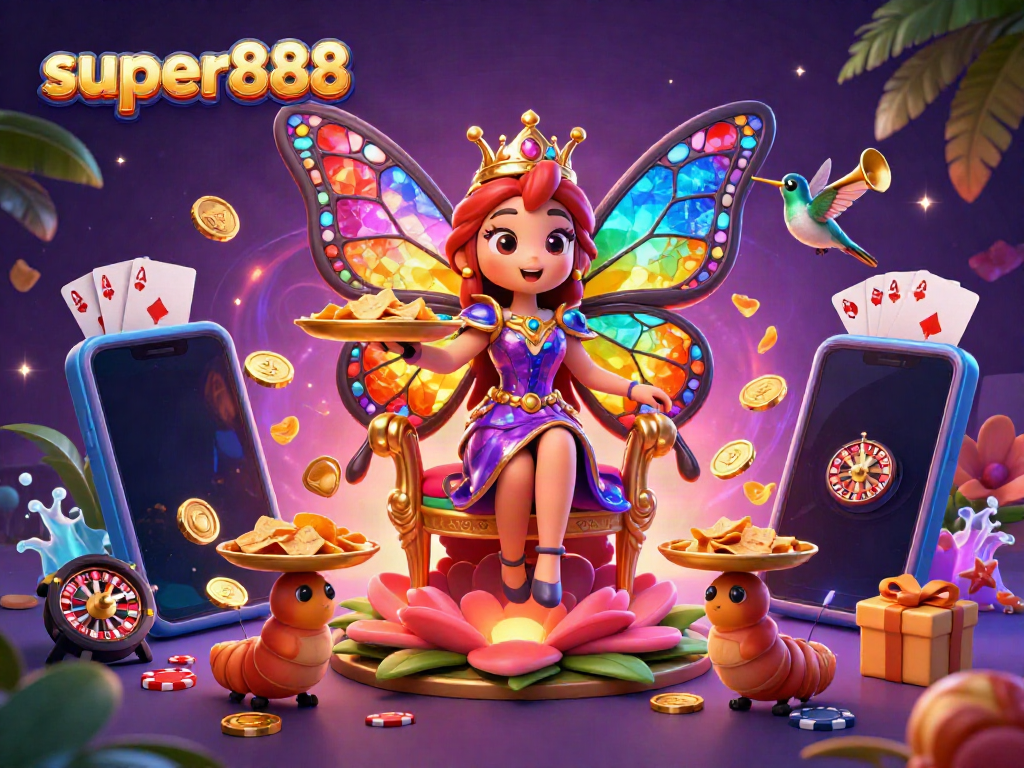 Super888 menghadirkan kesempatan menang dengan mesin slot yang penuh warna di tengah hiasan ceria.