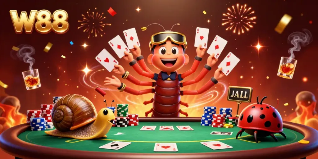 W88 casino excitement with a millipede dealer and high-roller snail at a vibrant poker table