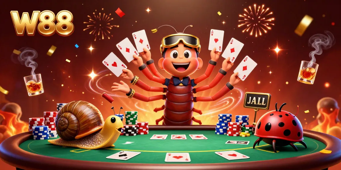 W88 casino excitement with a millipede dealer and high-roller snail at a vibrant poker table