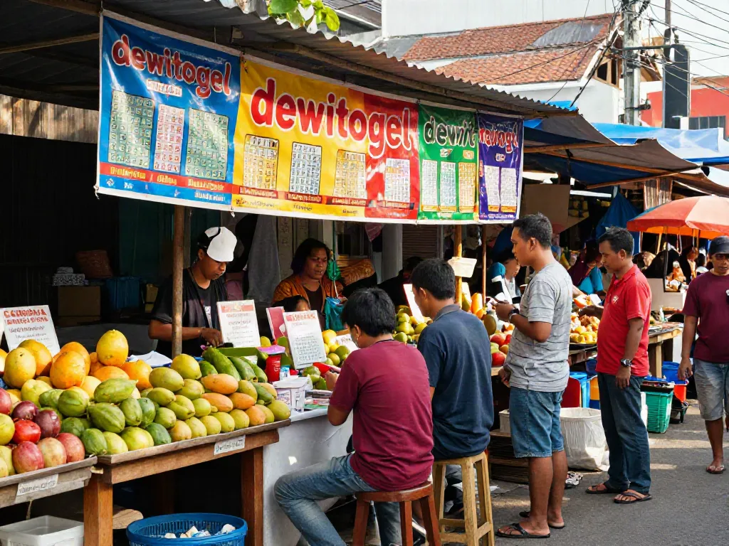 Stan lotre dewitogel yang ramai di pasar tradisional di Indonesia.