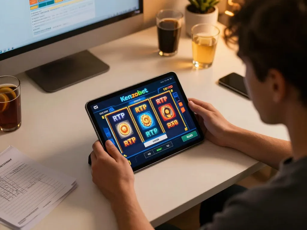 Engaging with Kenzobet login on a tablet for exciting online gaming with vibrant RTP figures.