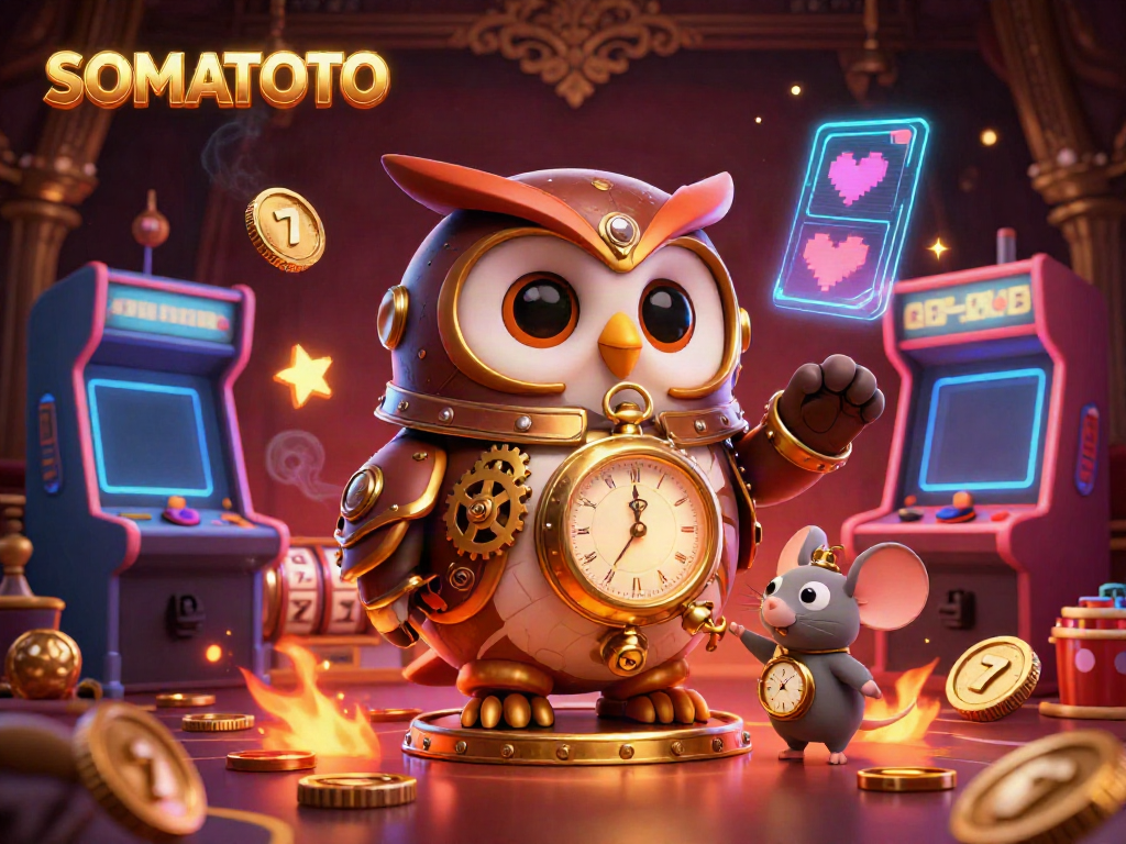 SOMATOTO showcases an immersive casino scene with a time-traveler owl and clockwork mouse, enhancing the gambling experience.