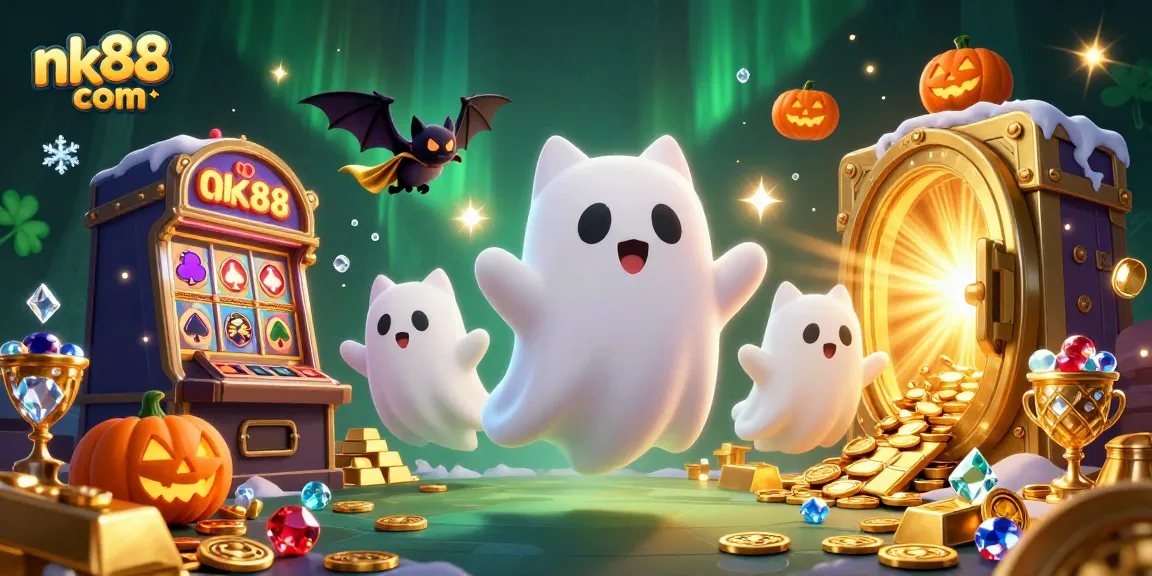 Experience thrilling fun with nk88 com, showcasing a ghost cat and vampire bat in a vibrant casino!