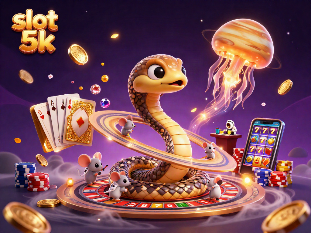 Slot 5k dengan simbol keberuntungan dan dealer cosmic di latar luar angkasa.