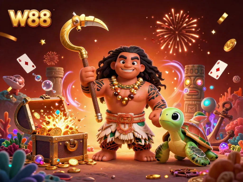 W88 players celebrate big wins amidst treasures in a vibrant casino setting