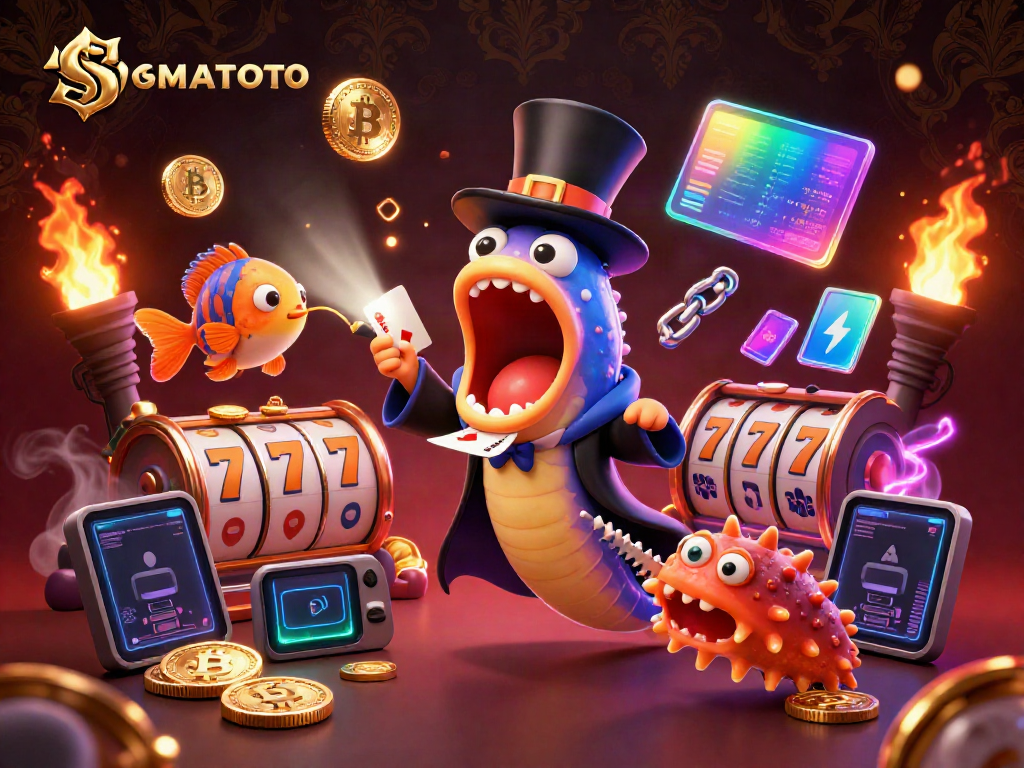 SOMATOTO highlights a bioluminescent eel and anglerfish performing magical slot tricks amidst glowing crypto elements.