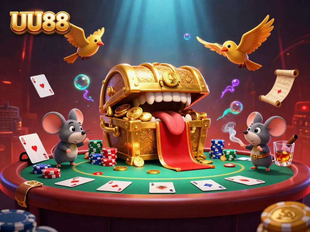 Engage with UU88's golden treasure chest in a vibrant poker scene filled with excitement and riches.