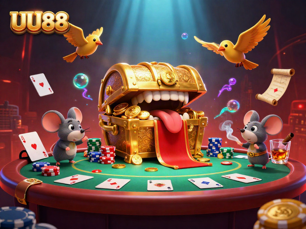 Engage with UU88's golden treasure chest in a vibrant poker scene filled with excitement and riches.