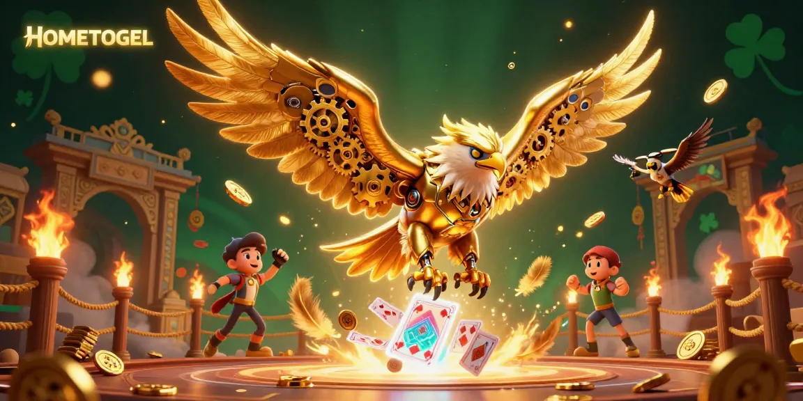 Experience HOMETOGEL through an epic 3D illustration of a cybernetic eagle diving with holographic playing cards.
