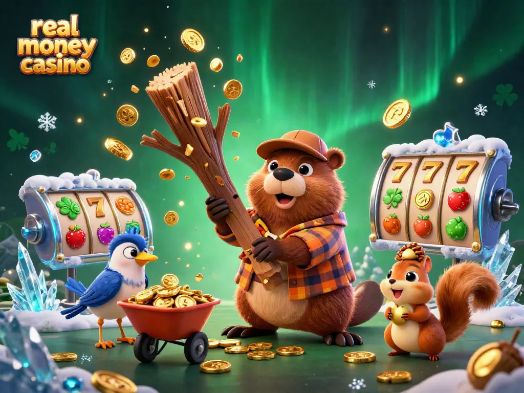 Engage with the dynamic real money casino scene featuring a beaver and friends collecting golden coins.