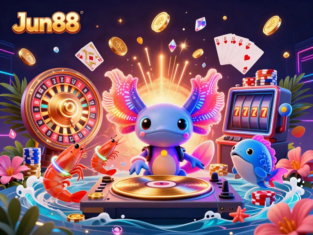 Experience the vibrant energy of Jun88's casino world with a neon-colored DJ and sparkling elements.