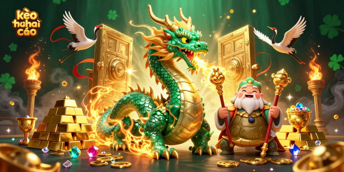 Engage in kèo nhà cái excitement with a powerful dragon, wise sage, and lucky cranes amidst a treasure vault scene.
