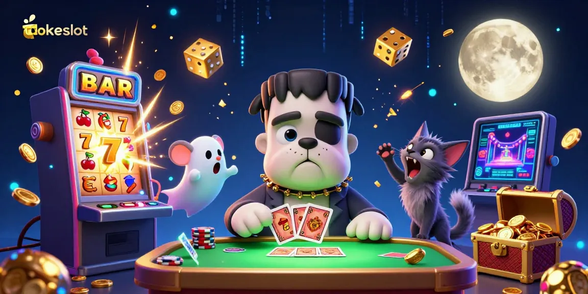 Experience thrill at TokeSlot with a chaotic 3D casino scene featuring a bulldog dealer and slot wins.
