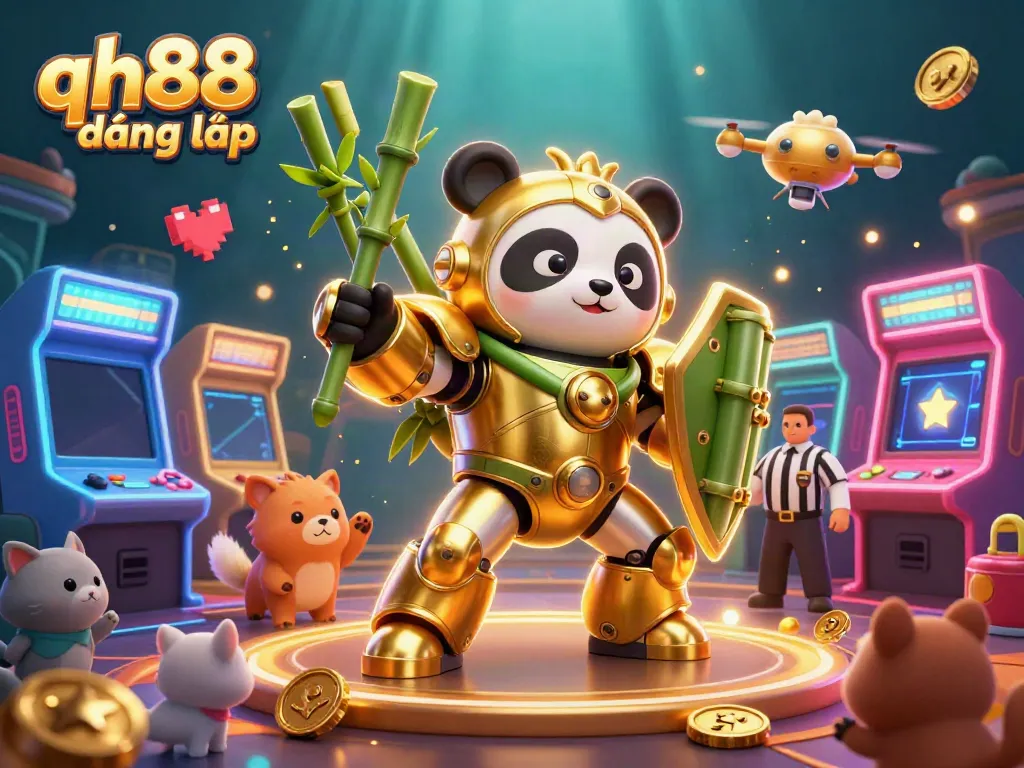 Experience the excitement of qh88 đăng nhập with a dynamic 3D casino scene filled with colorful game elements.