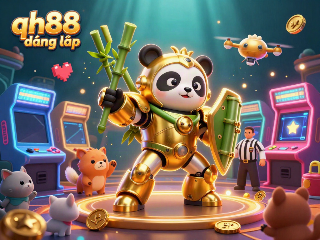 Experience the excitement of qh88 đăng nhập with a dynamic 3D casino scene filled with colorful game elements.