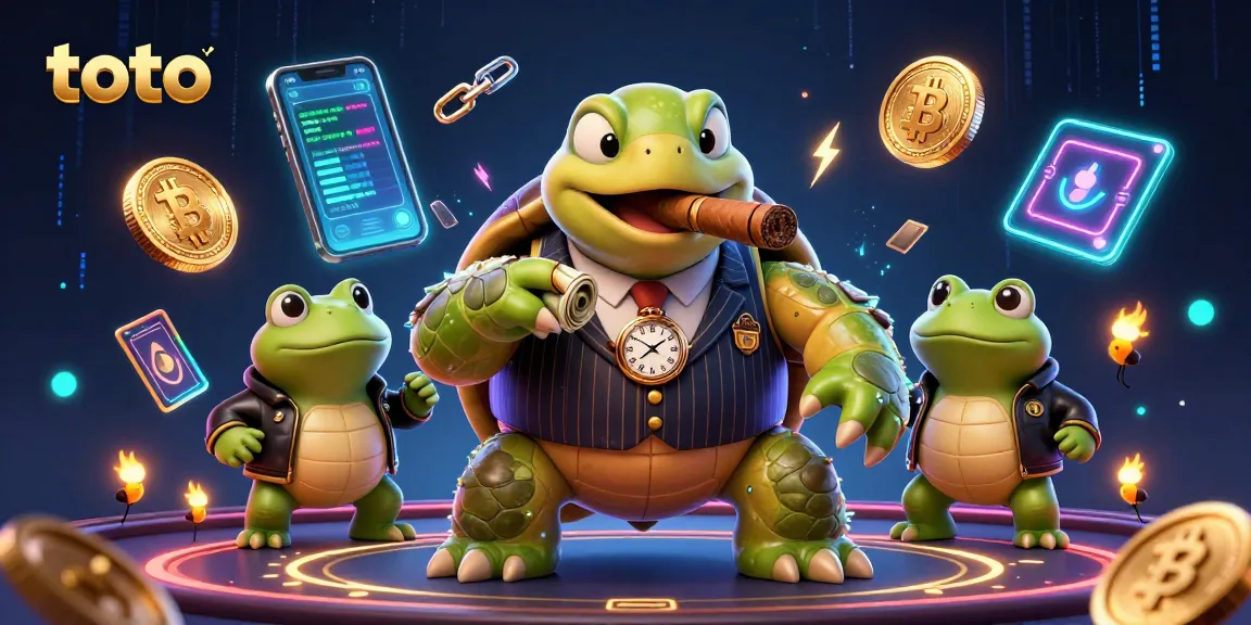 Bermain toto dengan karakter kura-kura besar dan penyu paduan suara, dikelilingi koin crypto yang bercahaya.