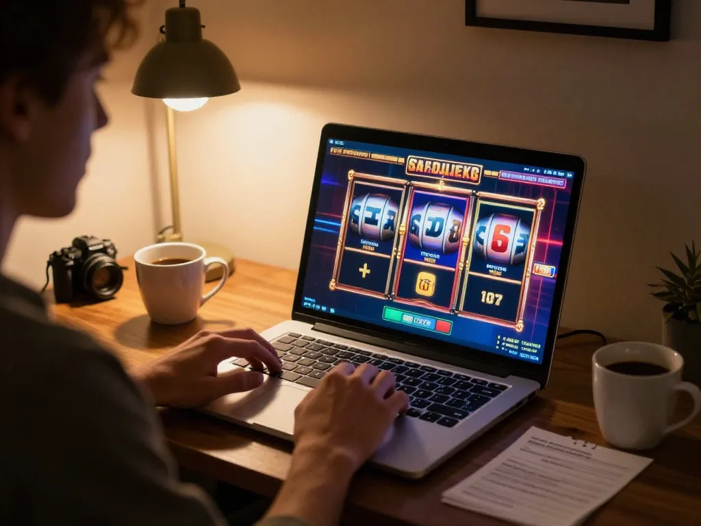 Player engaging with jangkar55 online slot interface, showing excitement in a cozy home setup