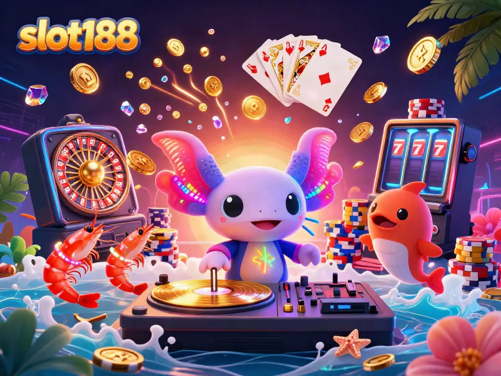 Slot188 menawarkan pengalaman bermain yang seru dengan DJ axolotl neon dan koin emas bertebaran.