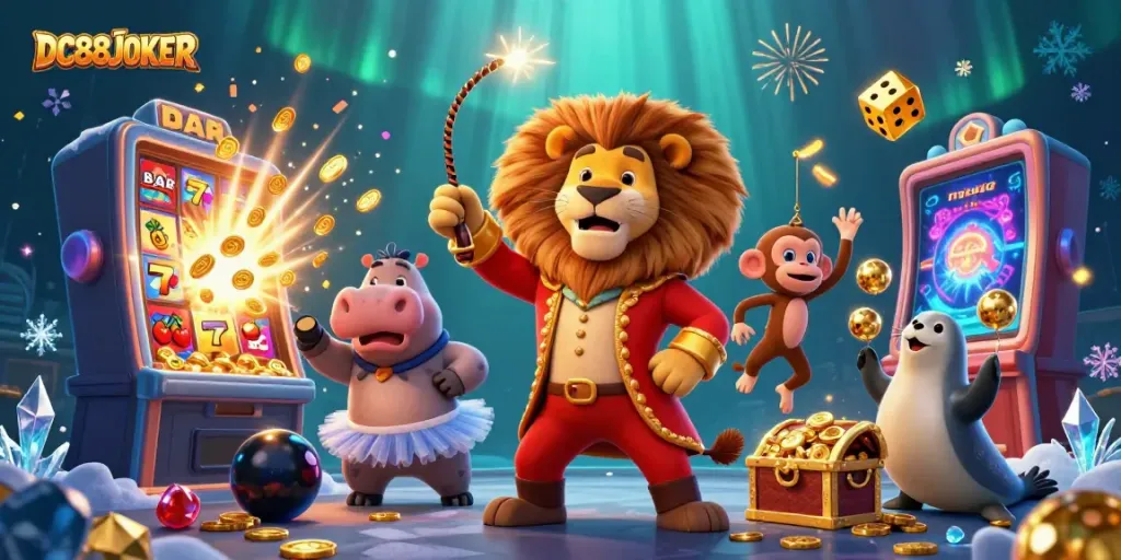 DC88JOKER casino scene with a lion, hippo, monkey, and seal, jackpot explosion of coins.